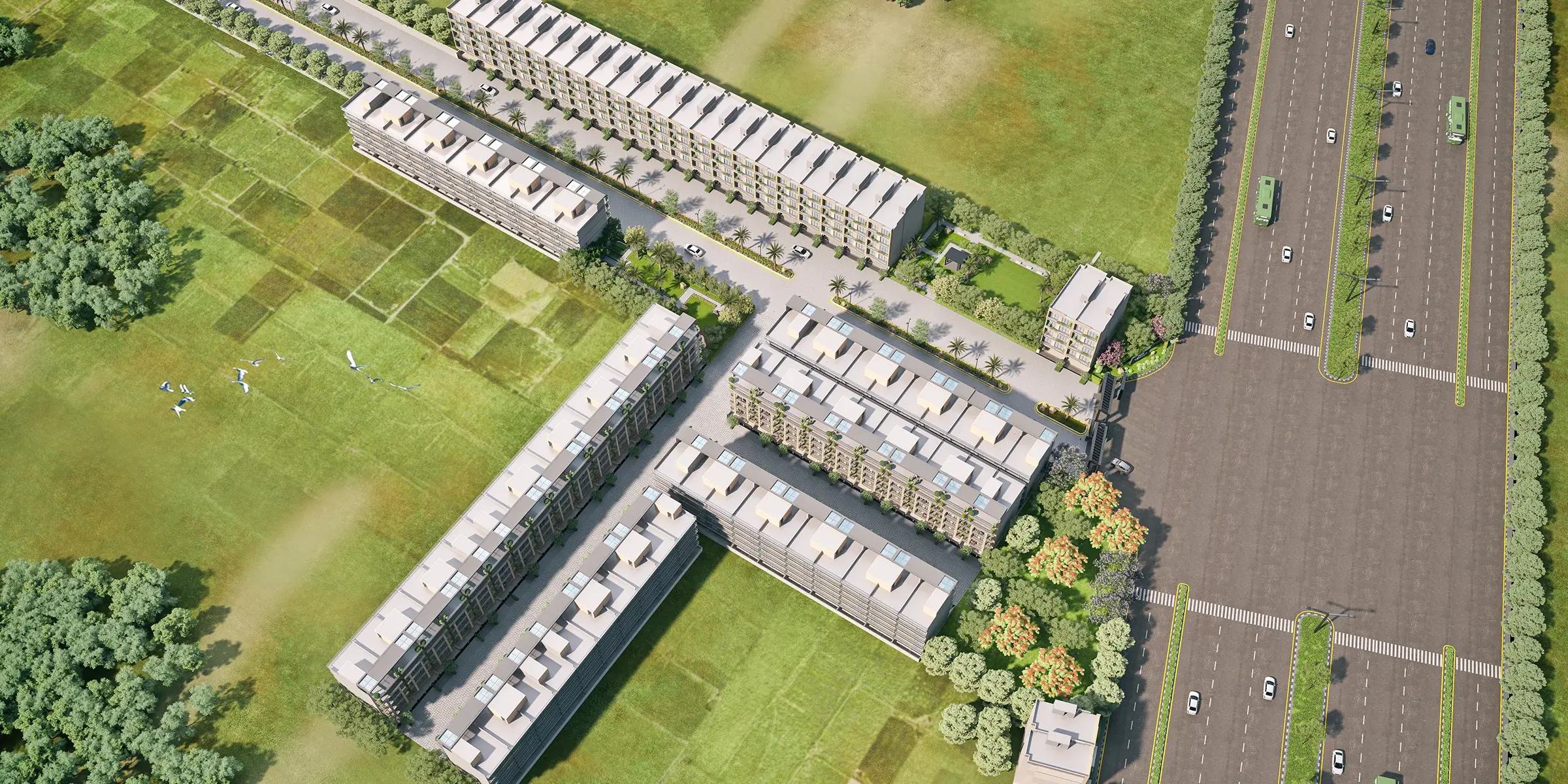 Aerial view of Ganga Realty premium residential apartments near main road in Gurgaon